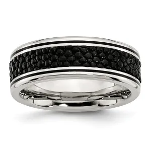 Men's Stainless Steel Polished Grooved/Black IP-plated Textured 8mm Ring