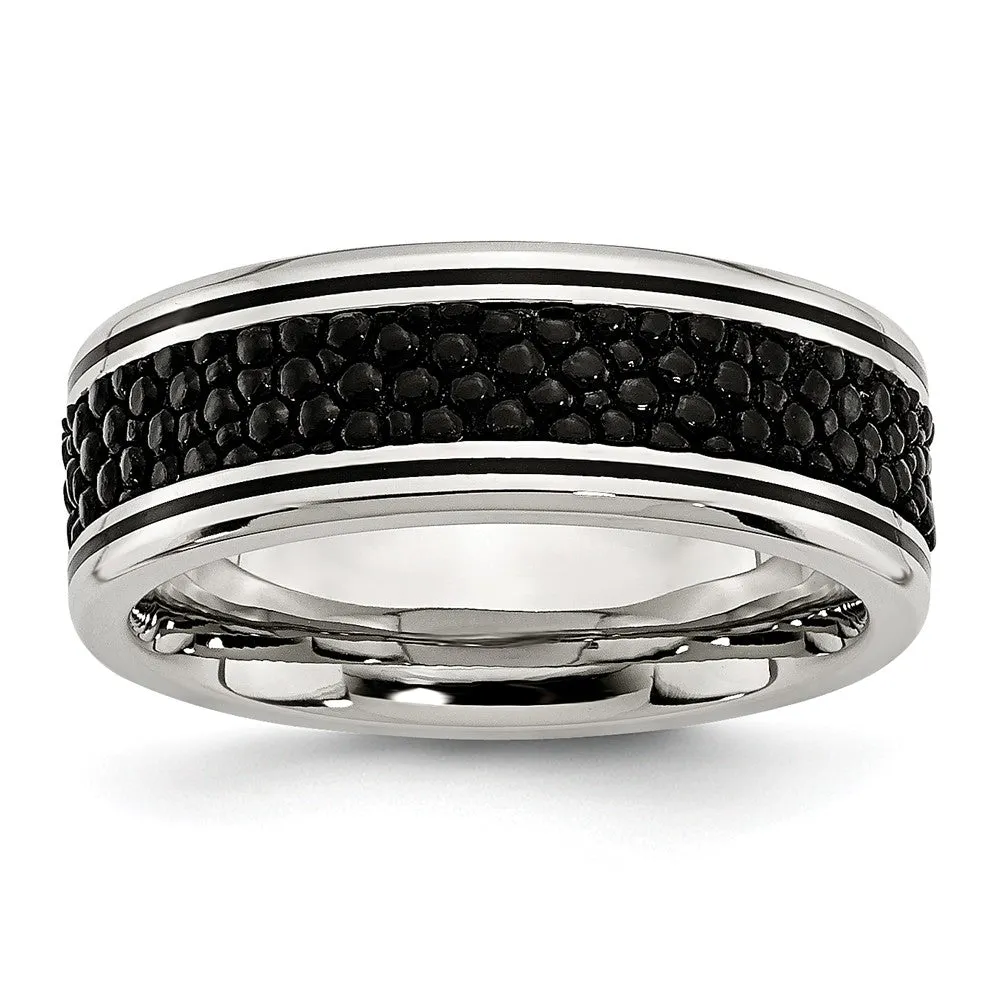 Men's Stainless Steel Polished Grooved/Black IP-plated Textured 8mm Ring