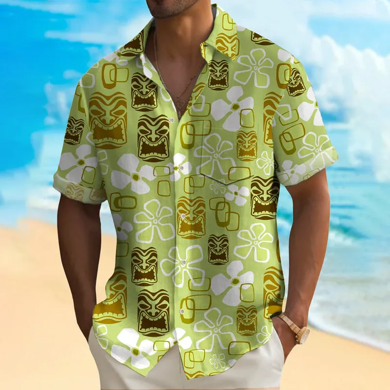 Men's Vintage Green Tiki Art Short Sleeve Shirts 2408002075