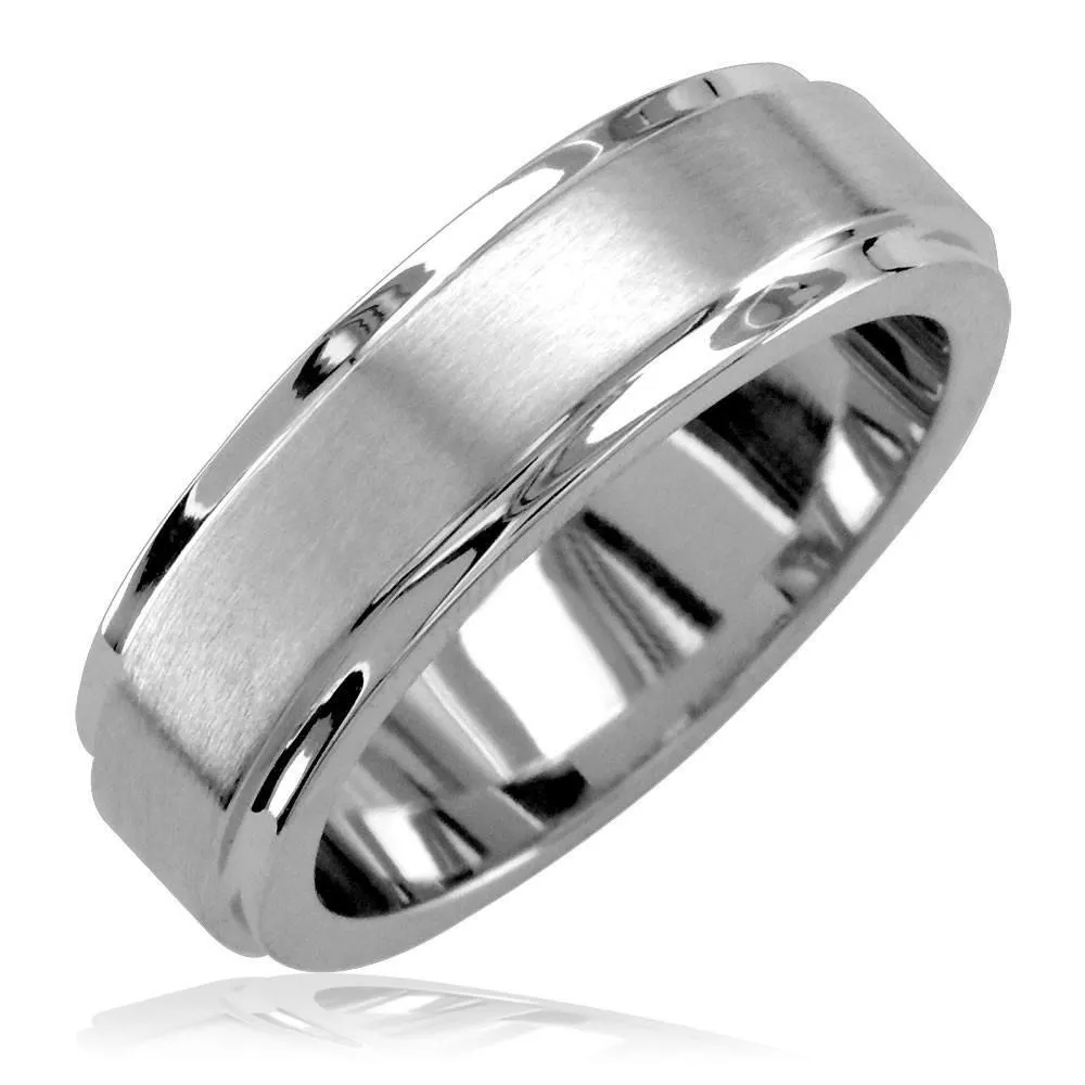 Mens Wedding Band, Raised Center, 6.3mm in 14K White Gold