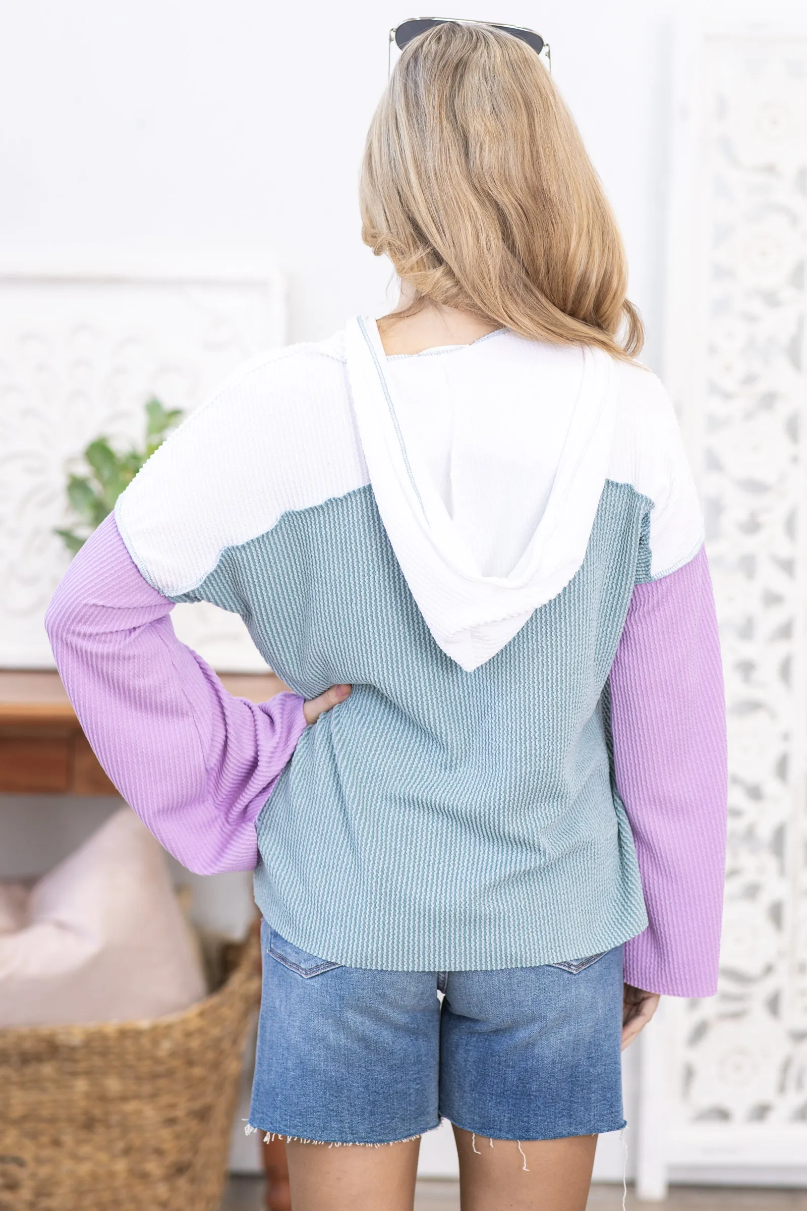 Mint Colorblock Ribbed Hoodie Top