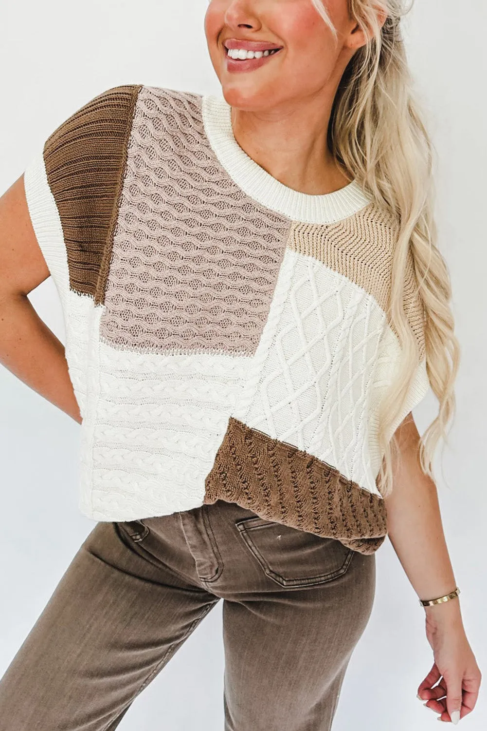 Multicolor Mixed Patterned Colorblock Textured Sweater Vest