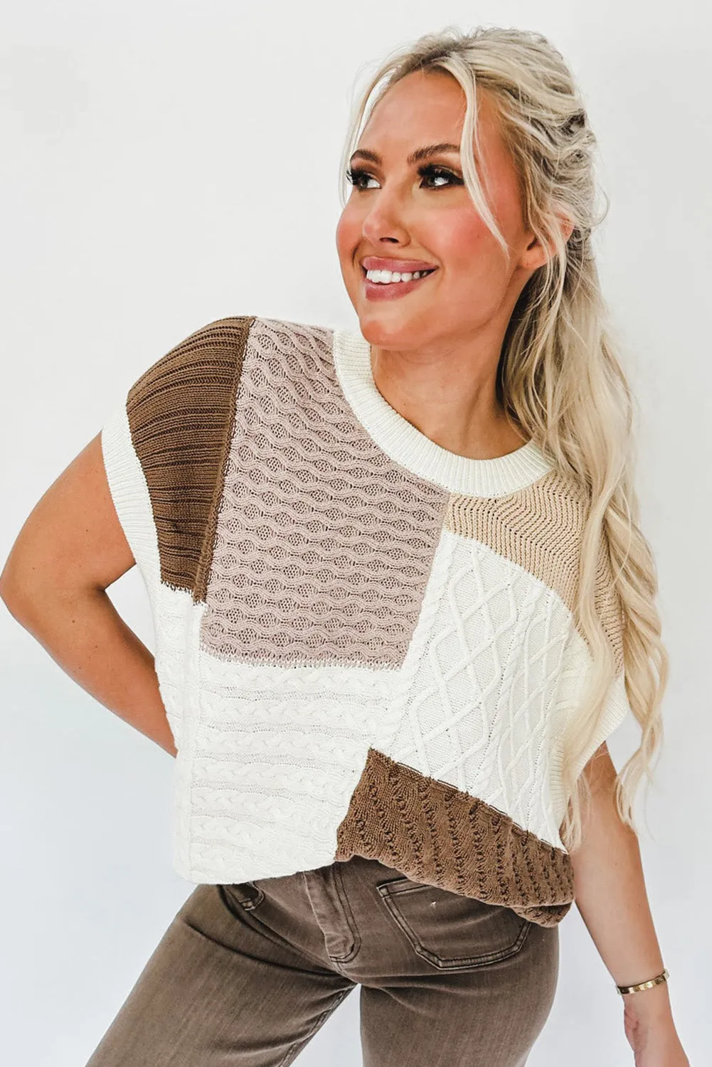 Multicolor Mixed Patterned Colorblock Textured Sweater Vest