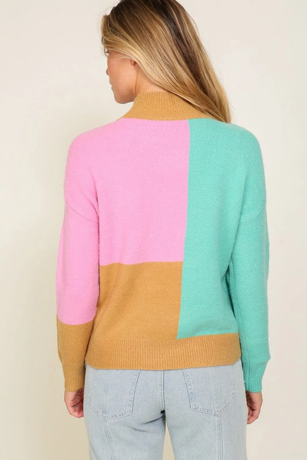 Multicolour Colorblock Mock Neck Ribbed Trim Sweater