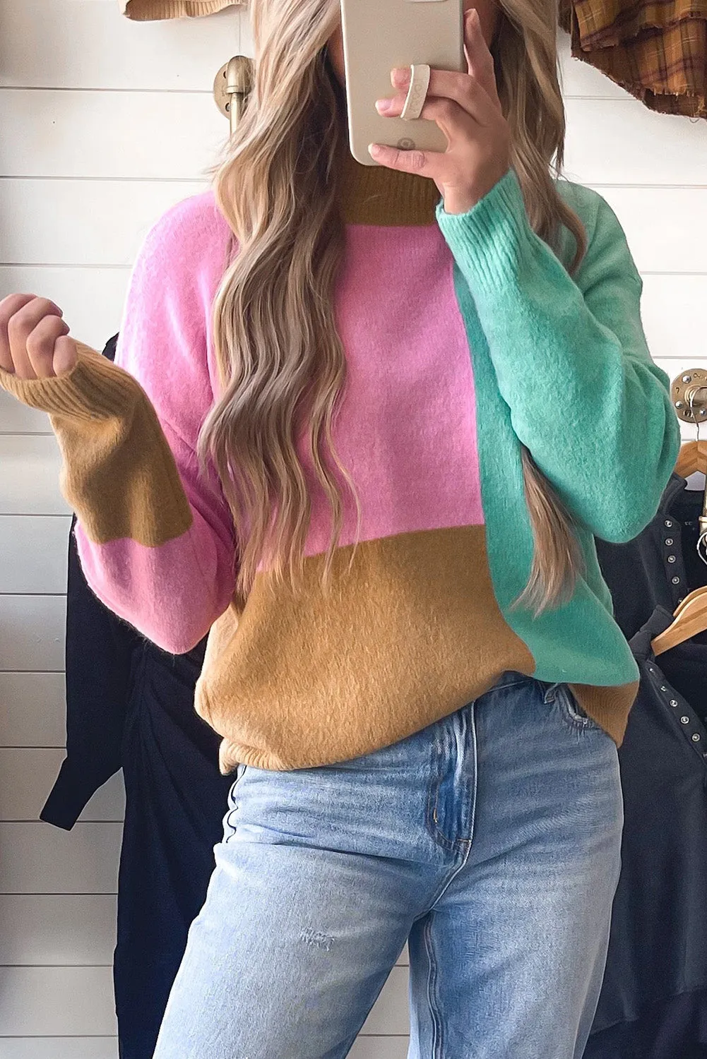 Multicolour Colorblock Mock Neck Ribbed Trim Sweater