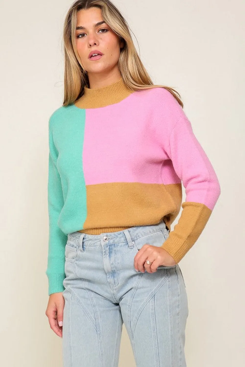 Multicolour Colorblock Mock Neck Ribbed Trim Sweater