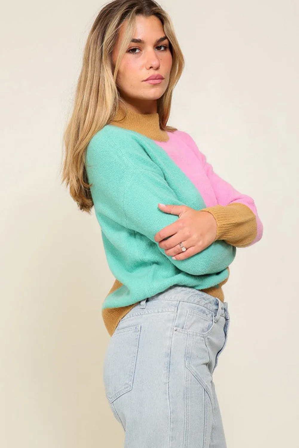 Multicolour Colorblock Mock Neck Ribbed Trim Sweater