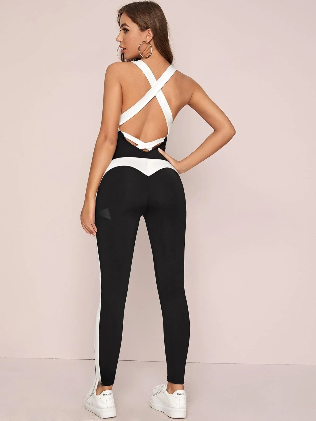 Mulvari Crisscross Backless Colorblock Unitard Jumpsuit