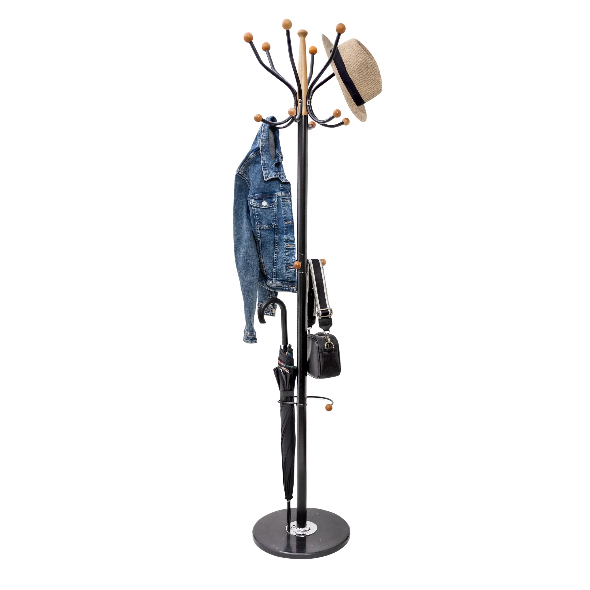 N1 Premium Coat Rack Stand with Black Metal & Beech Wood Balls - Solid Marble Base