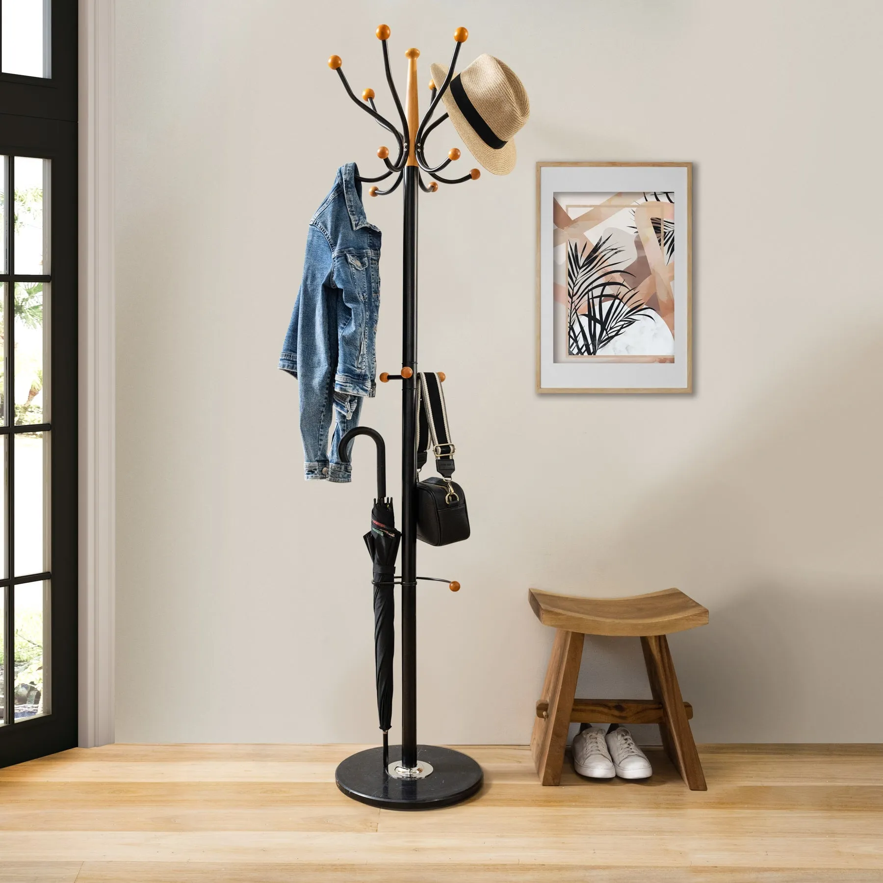 N1 Premium Coat Rack Stand with Black Metal & Beech Wood Balls - Solid Marble Base