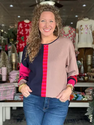 Navy, Pink, & Taupe Colorblock Sweater