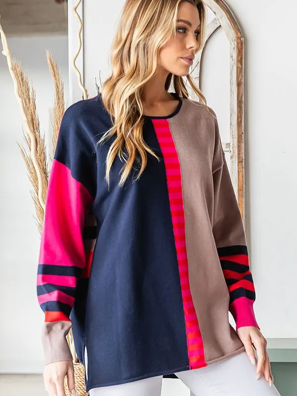 Navy, Pink, & Taupe Colorblock Sweater
