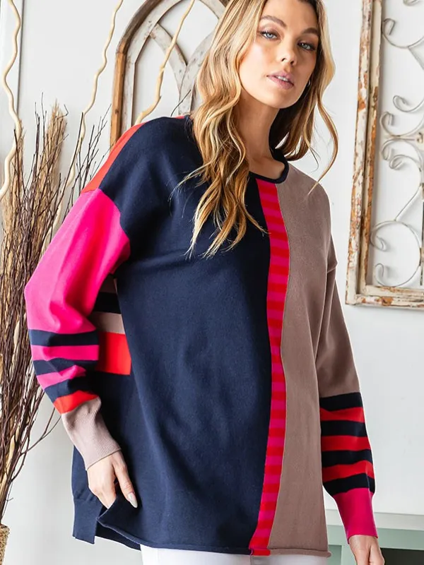 Navy, Pink, & Taupe Colorblock Sweater
