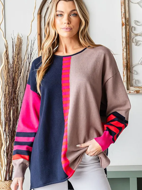 Navy, Pink, & Taupe Colorblock Sweater