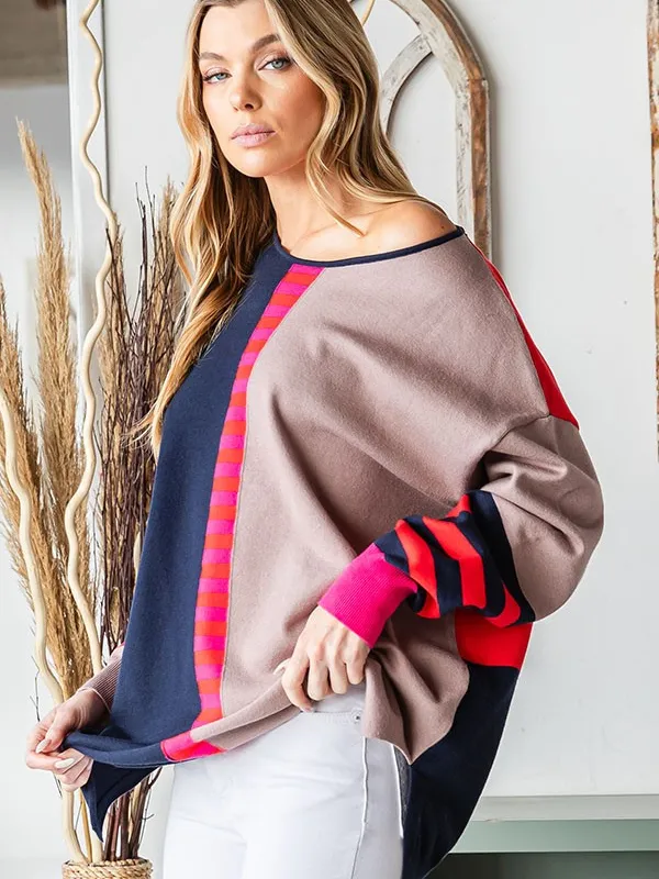 Navy, Pink, & Taupe Colorblock Sweater