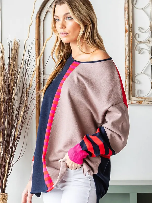 Navy, Pink, & Taupe Colorblock Sweater