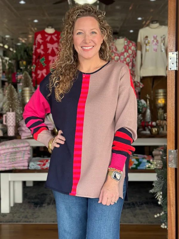 Navy, Pink, & Taupe Colorblock Sweater
