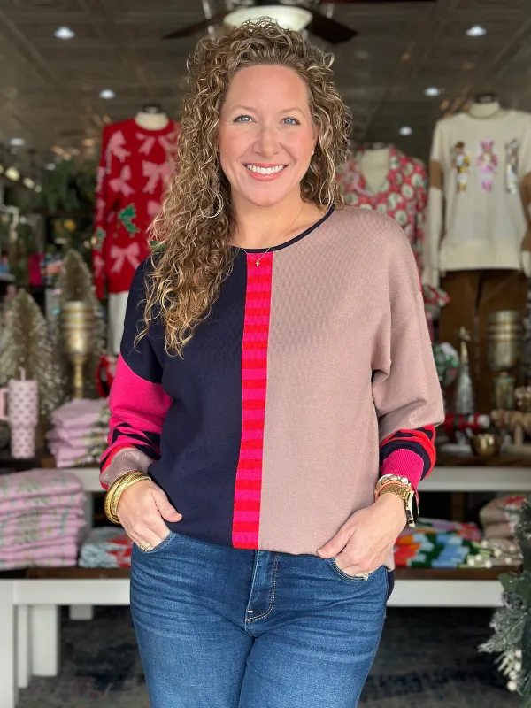 Navy, Pink, & Taupe Colorblock Sweater
