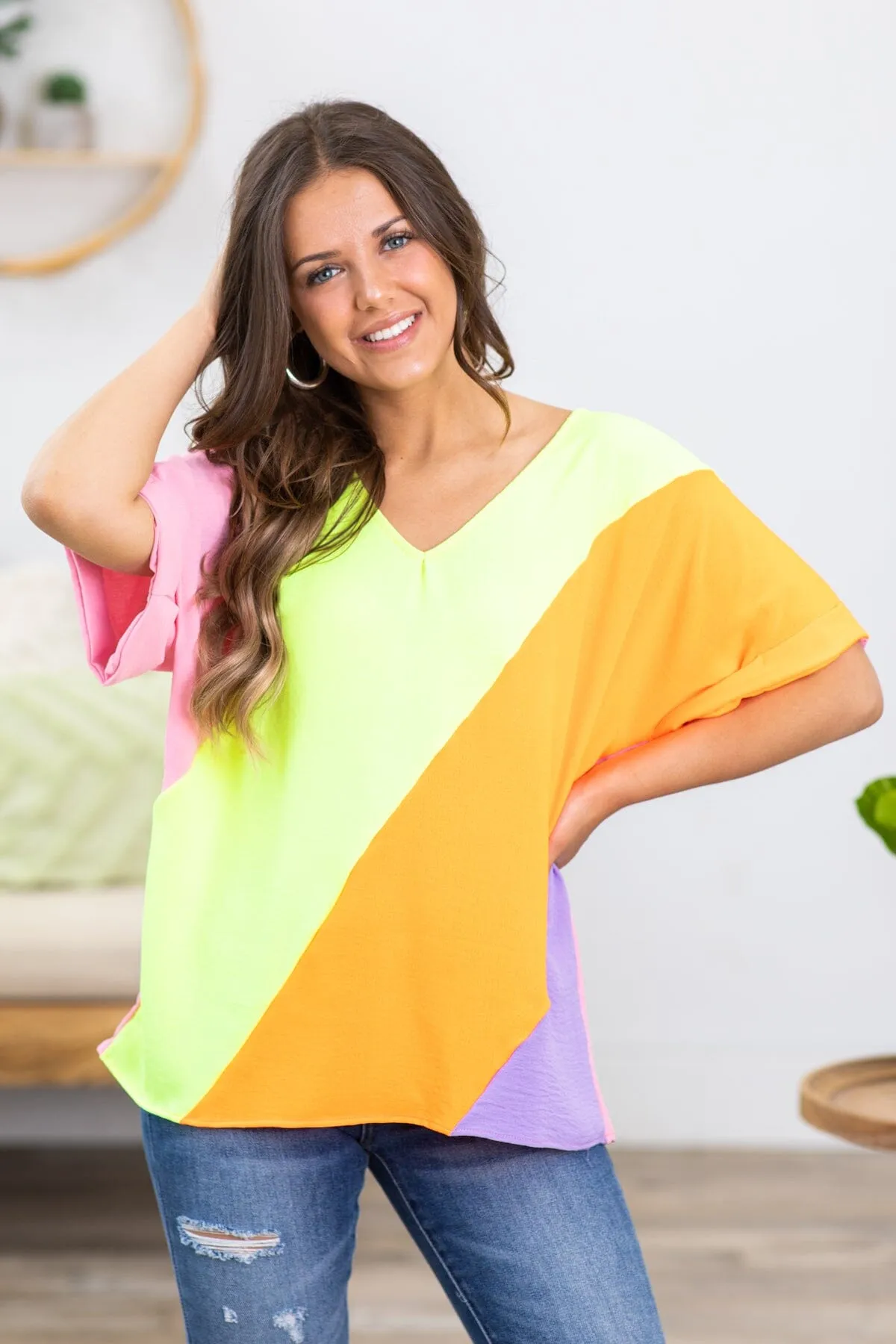 Neon Yellow Multicolor Colorblock Top