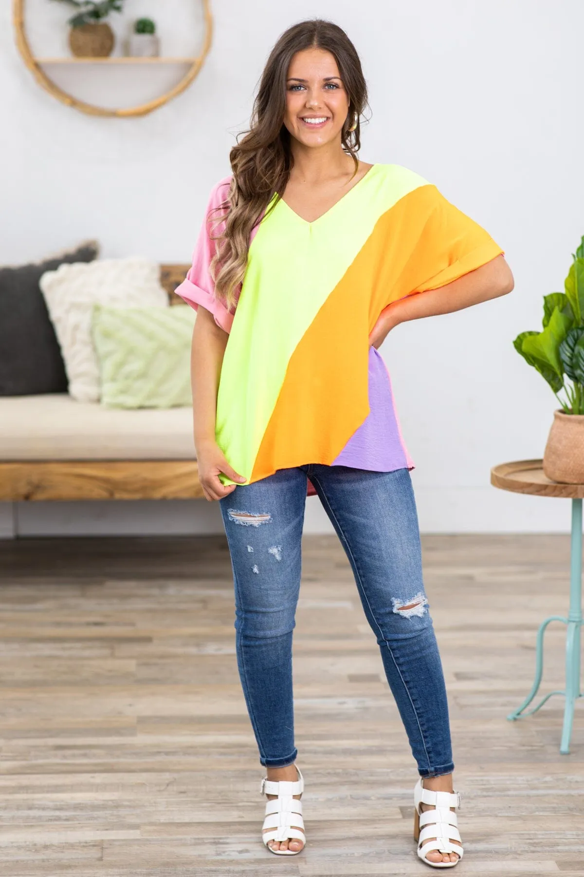 Neon Yellow Multicolor Colorblock Top