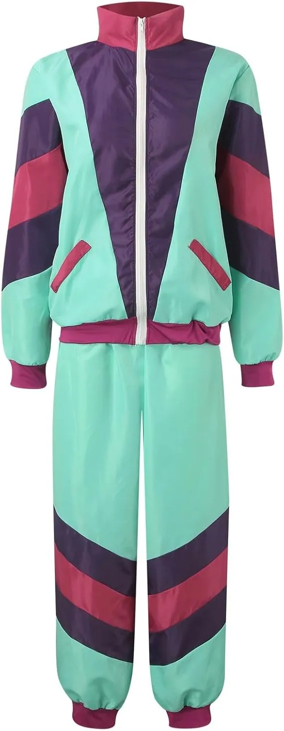 NEW 80s Tracksuit for Men Women 80s/90s Retro Hip Hop Windbreaker Disco Colorblock 2 Piece Workout Outfits Set 90s Shell Suit Sz XL, colour #8 mint green