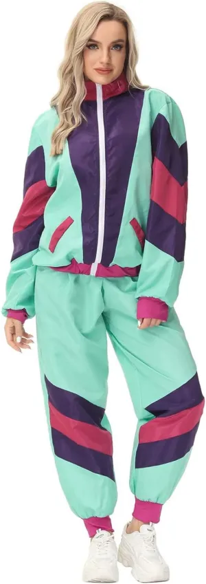 NEW 80s Tracksuit for Men Women 80s/90s Retro Hip Hop Windbreaker Disco Colorblock 2 Piece Workout Outfits Set 90s Shell Suit Sz XL, colour #8 mint green
