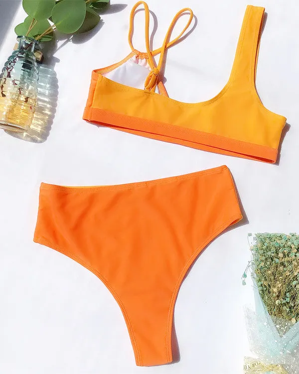 New Irregular Straps ColoBlock High Waisted Bikini Sets