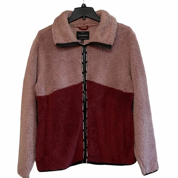 NEW Lucky Brand Wine and Mauve Colorblock Faux Shearling Full Zip Jacket NWT