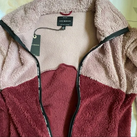 NEW Lucky Brand Wine and Mauve Colorblock Faux Shearling Full Zip Jacket NWT