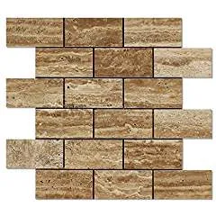Noce Vein-Cut Travertine 2 X 4 Brick Mosaic Tile, Polished (LOT of 5 SHEETS)
