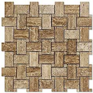 Noce Vein-Cut Travertine Basketweave Mosaic Tile, Polished (SAMPLE)