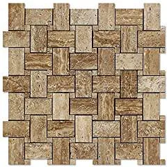 Noce Vein-Cut Travertine Basketweave Mosaic Tile, Polished (SAMPLE)