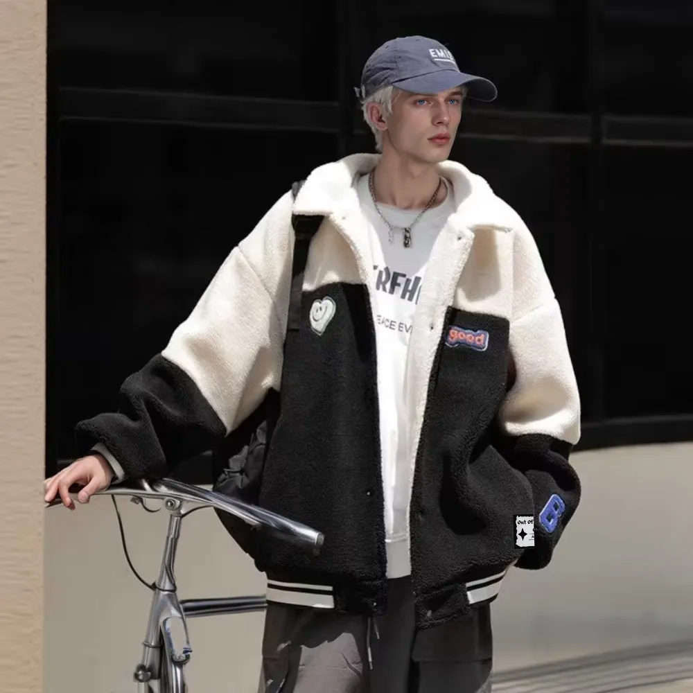 OOC' Heart Embroidery Colorblock Lapel Sherpa Coat