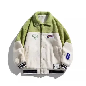 OOC' Heart Embroidery Colorblock Lapel Sherpa Coat