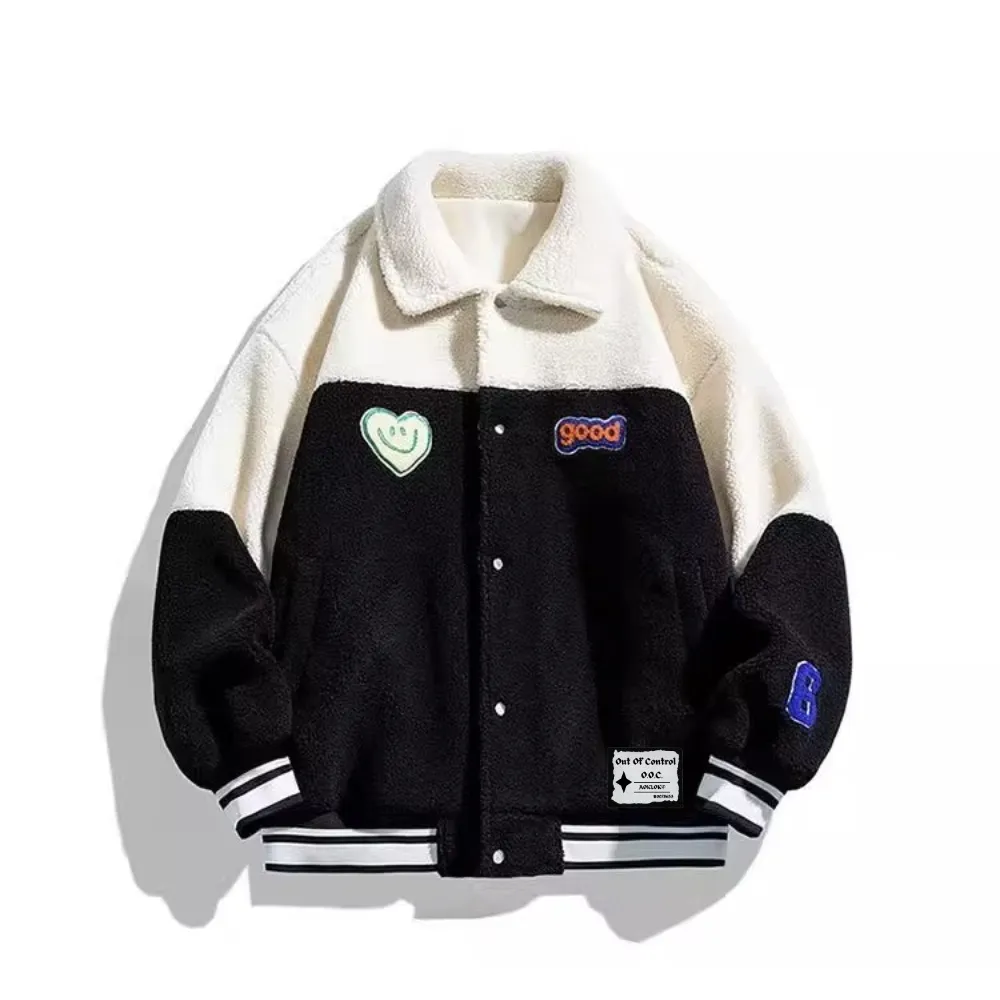OOC' Heart Embroidery Colorblock Lapel Sherpa Coat