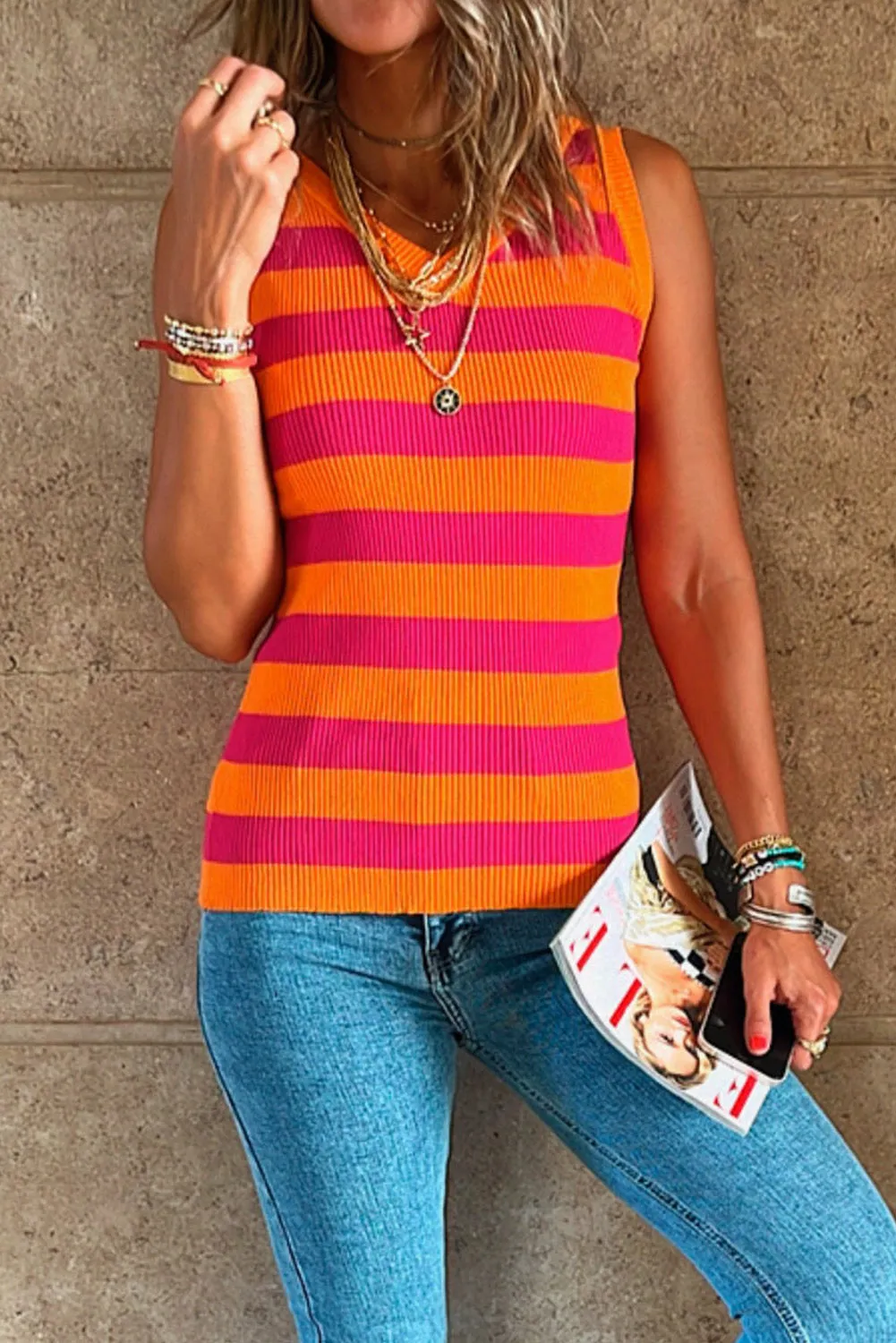 Orange Stripe Colorblock V Neck Ribbed Knit Tank Top