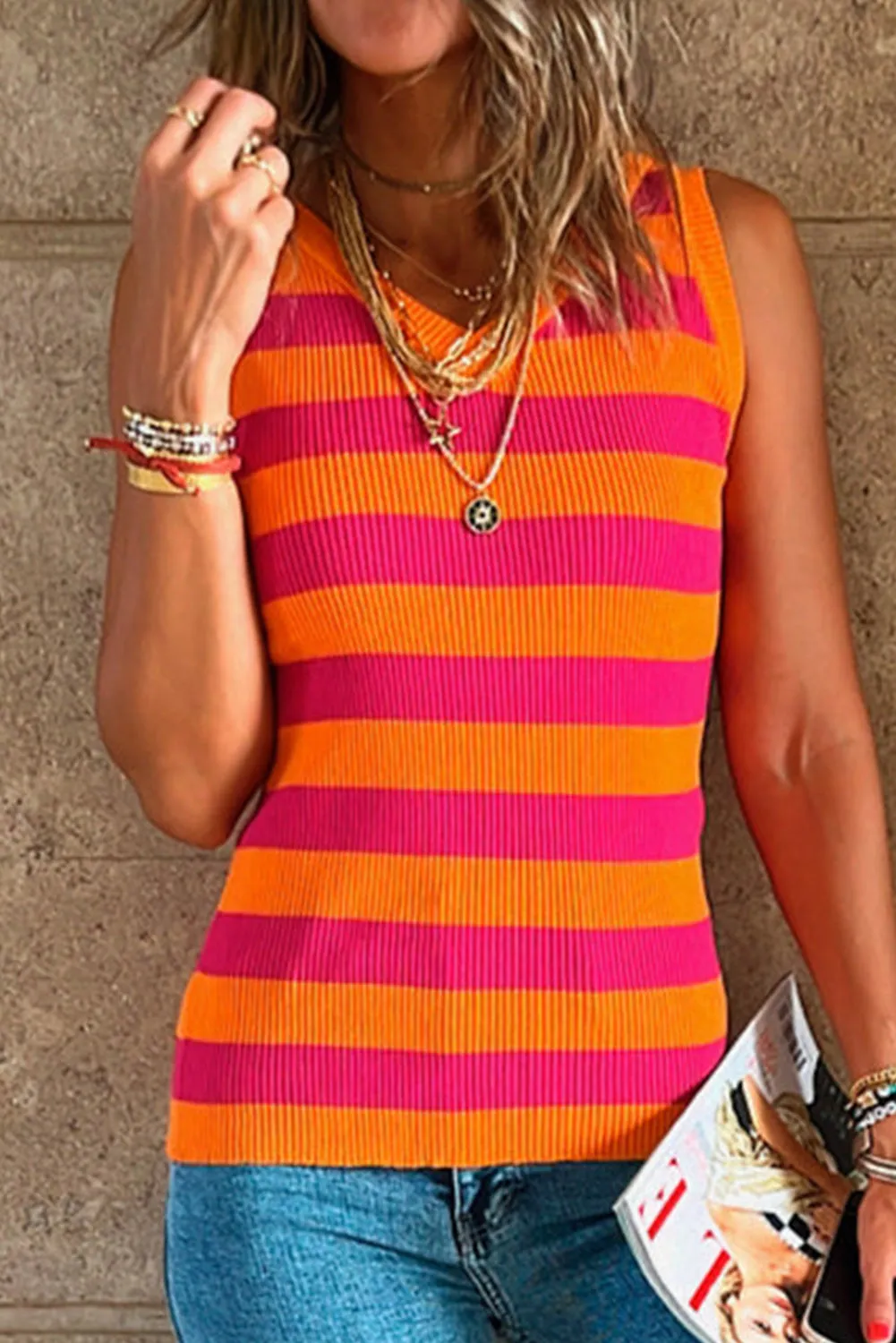 Orange Stripe Colorblock V Neck Ribbed Knit Tank Top