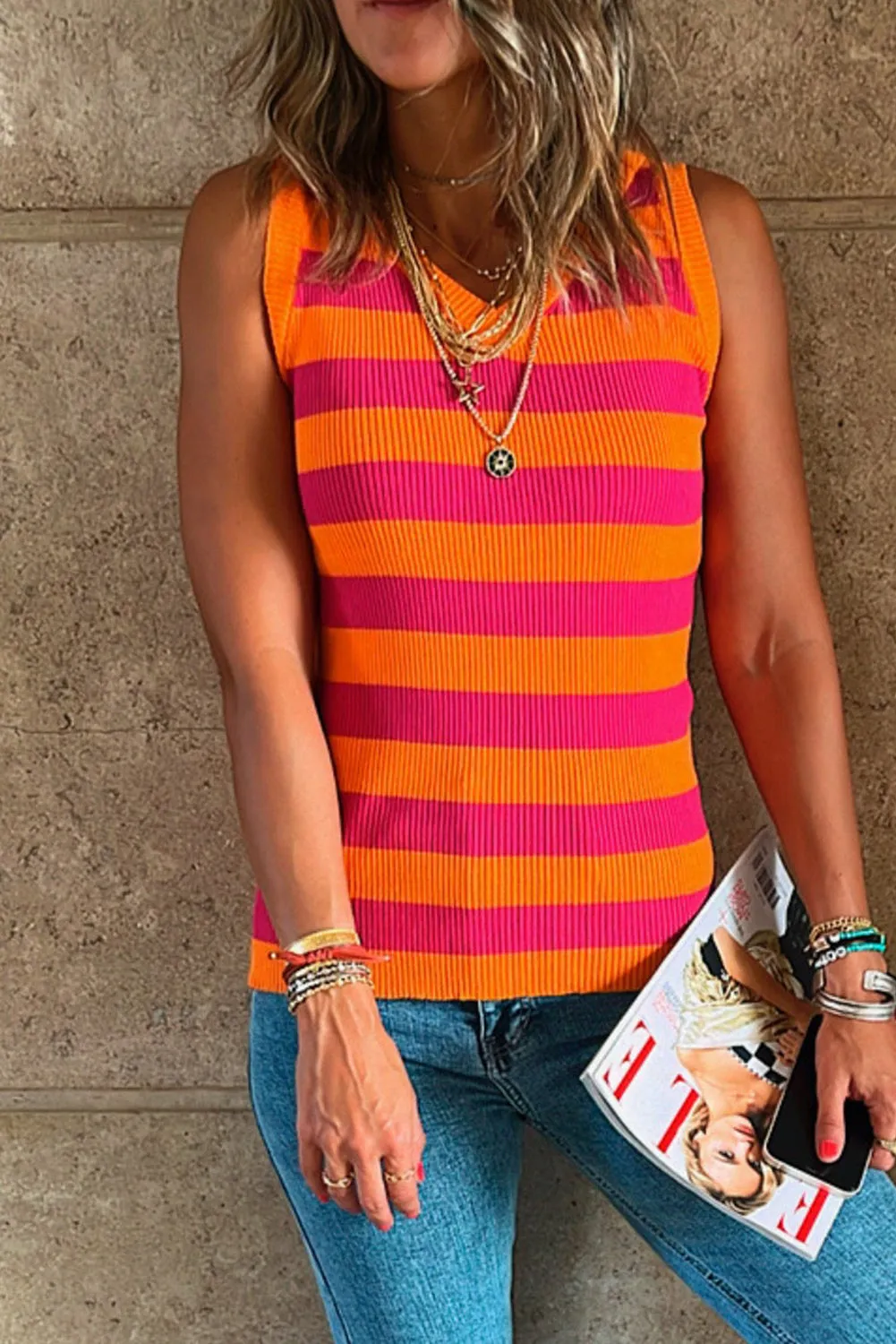 Orange Stripe Colorblock V Neck Ribbed Knit Tank Top