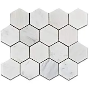 Oriental White - Eastern White Marble 3" Hexagon POLISHED Mosaic Tile - Lot of 50 Sheets