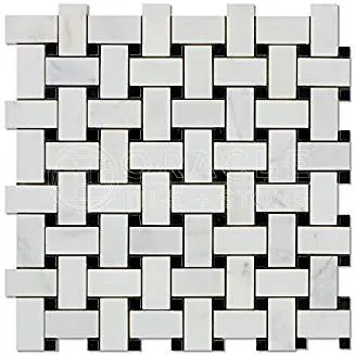 Oriental White (Eastern White) Marble Basketweave Mosaic Tile (Polished / Blue & Gray Dots)