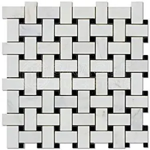Oriental White (Eastern White) Marble Basketweave Mosaic Tile (Polished / Blue & Gray Dots)