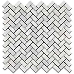 Oriental White (Eastern White) Marble Mini Herringbone Mosaic Tile, Polished - Lot of 50 Sheets