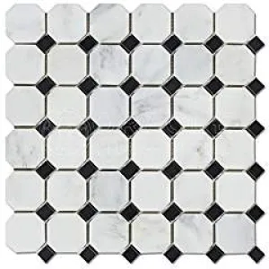 Oriental White (Eastern White) Marble Octagon Mosaic Tile w/ Black Marble Dots, Polished - 6" X 6" Sample