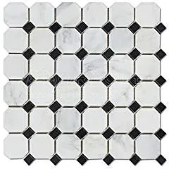 Oriental White (Eastern White) Marble Octagon Mosaic Tile w/ Black Marble Dots, Polished - 6" X 6" Sample