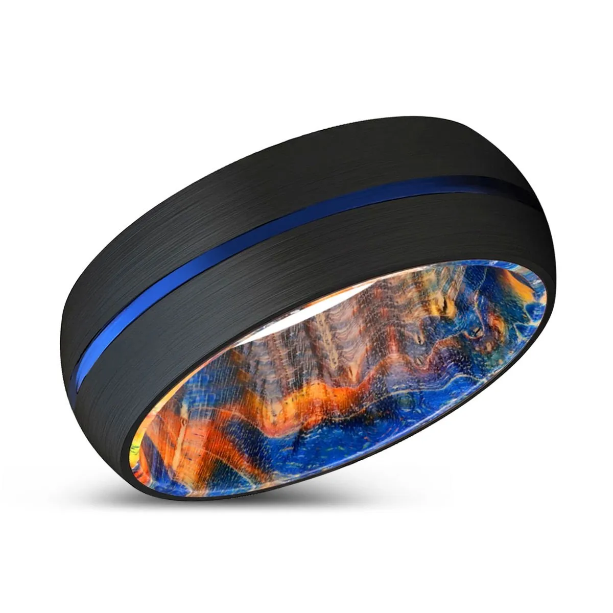 OSIAN | Blue & Yellow/Orange Wood, Black Tungsten Ring, Blue Groove, Domed