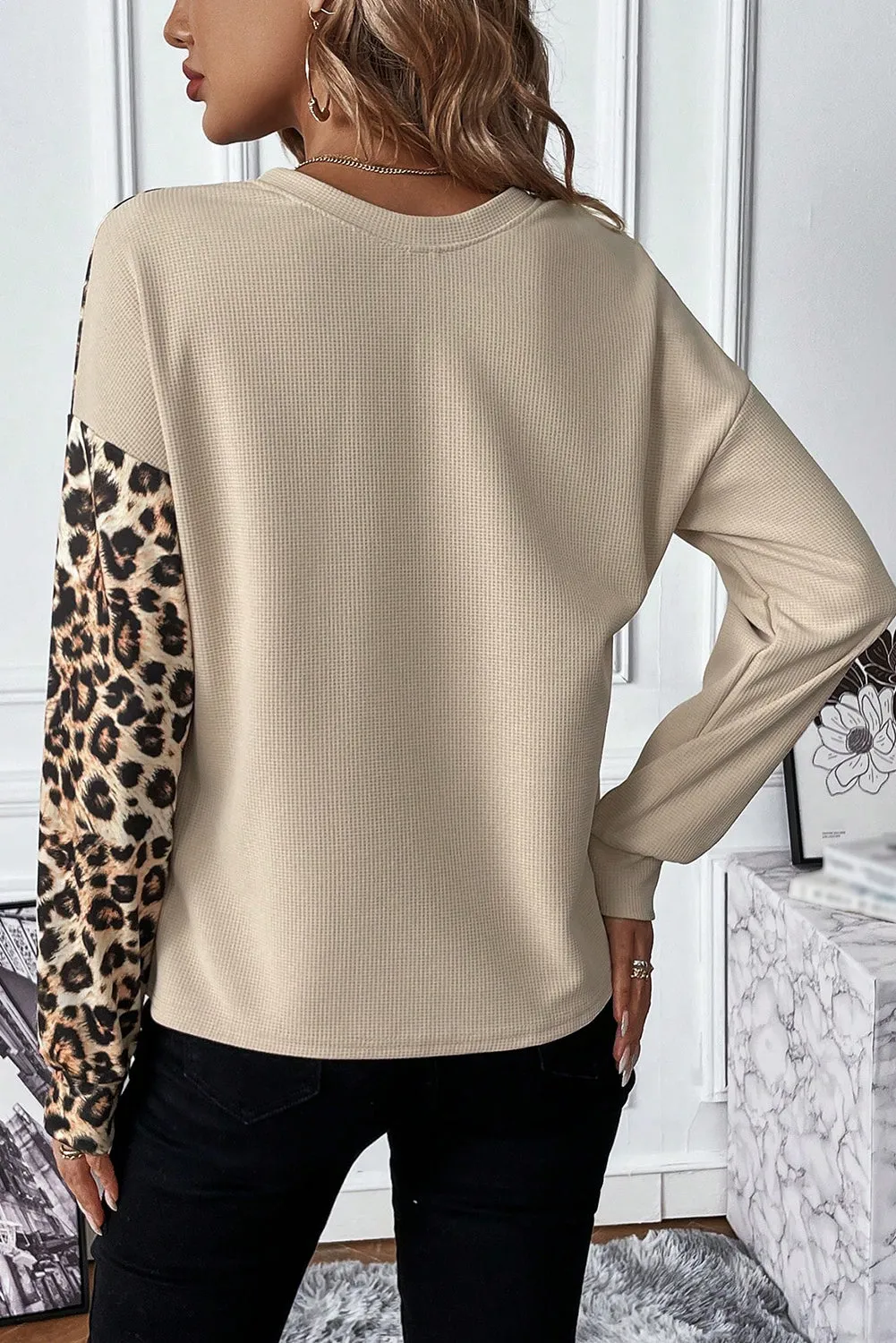 Pale Khaki Leopard Colorblock Waffle Knit Top