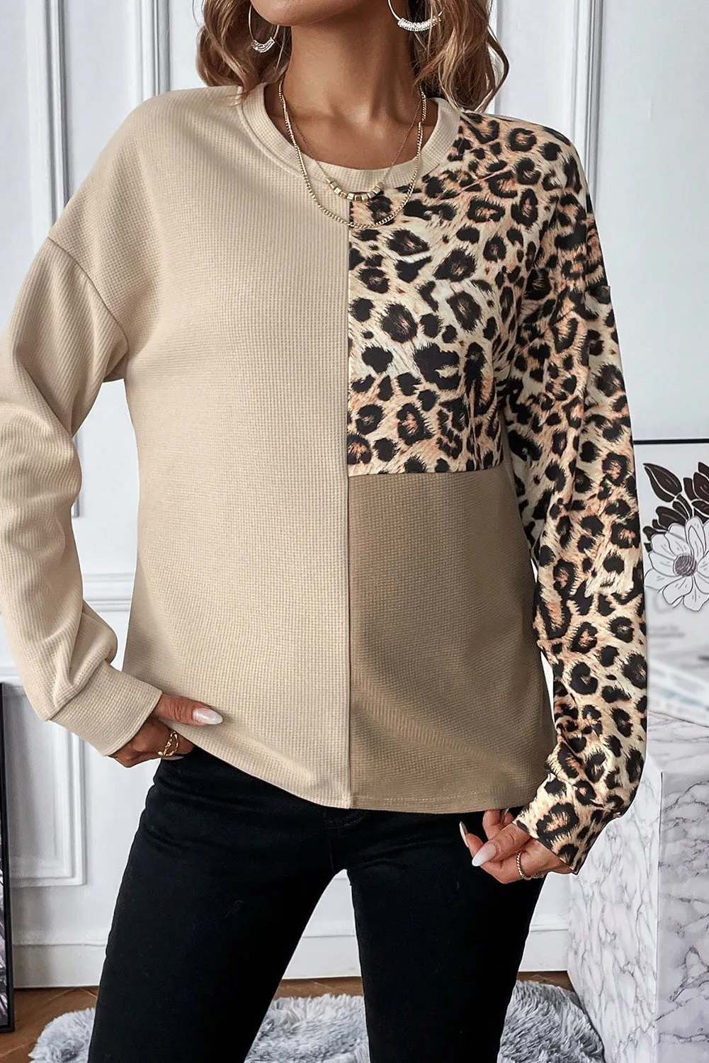 Pale Khaki Leopard Colorblock Waffle Knit Top