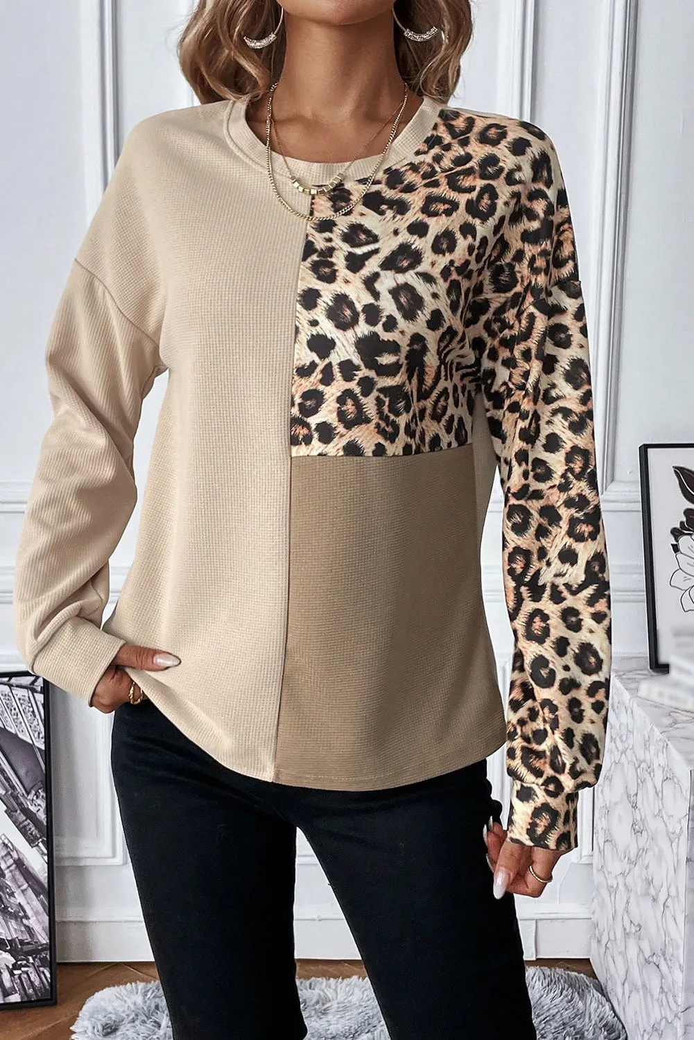 Pale Khaki Leopard Colorblock Waffle Knit Top