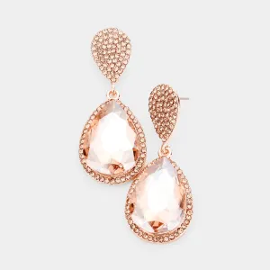 Peach Teardrop and Cluster Rhinestone Pageant Drop Earrings on Rose Gold  | 428761