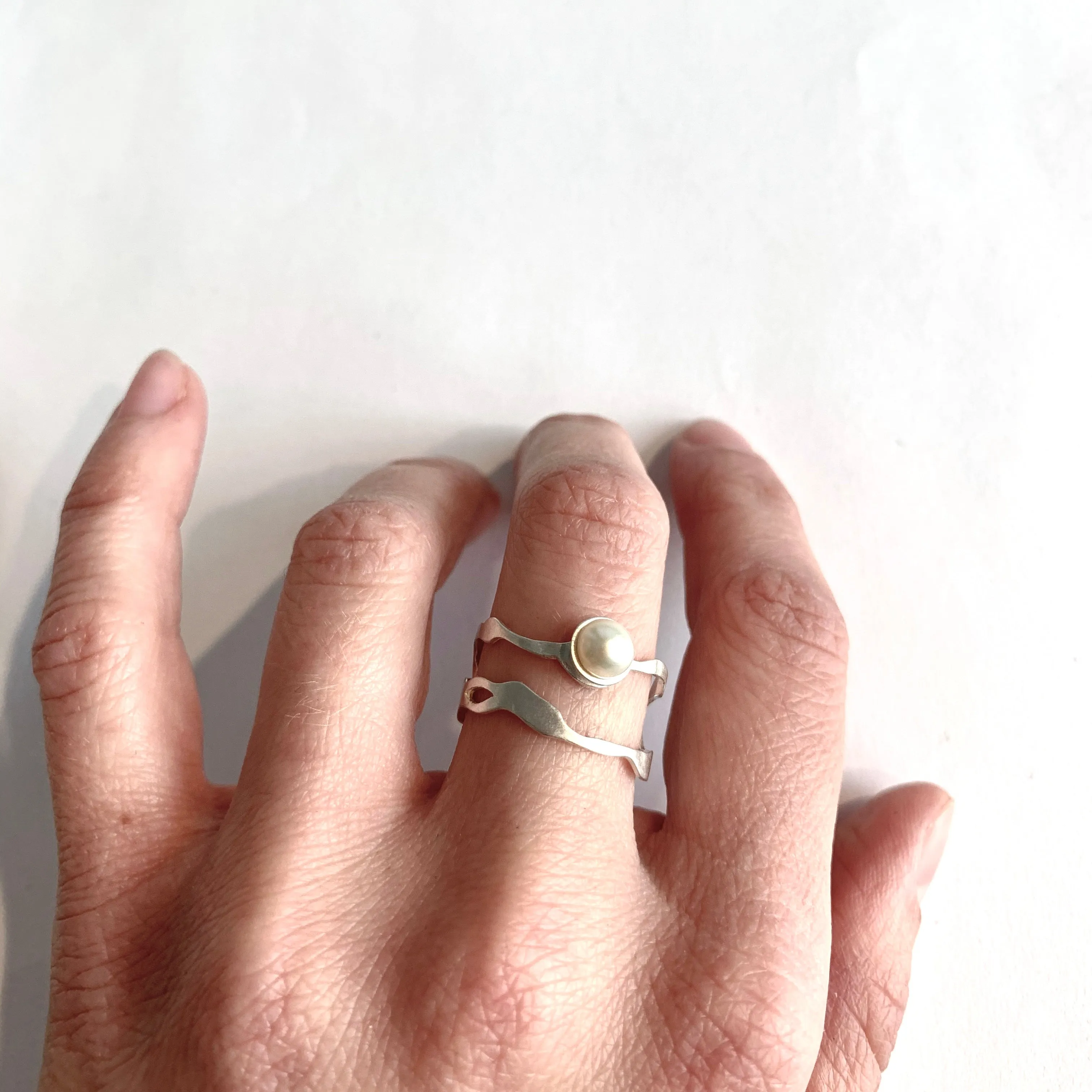 Pearl Seaweed Double Tier Ring in Brushed Silver